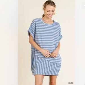 UMGEE BLUE Striped Fold Sleeves Pocket Dress/Tunic